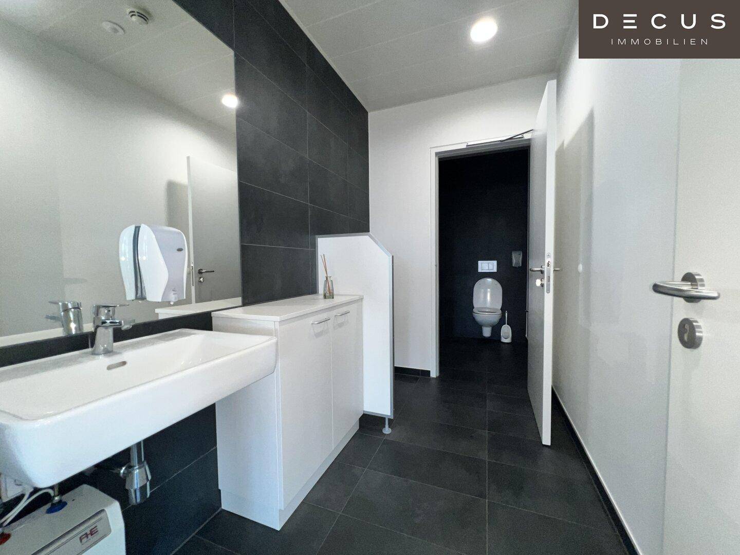 Modernes Badezimmer mit Waschbecken, großem Spiegel und dunklen Fliesen, die einen sauberen Eindruck machen.