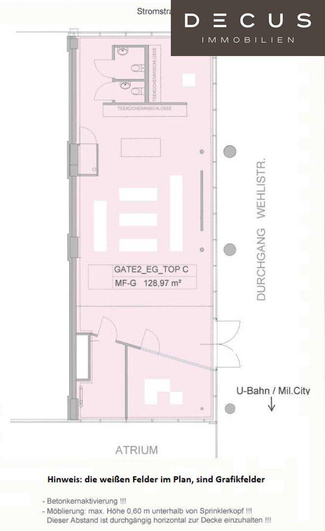 Grundriss einer Gewerbeeinheit mit einer Fläche von 128,97 m² und Sanitärbereichen.