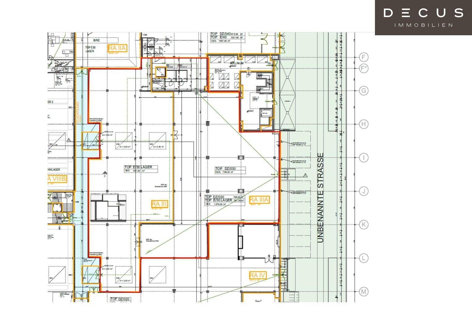 Übersichtlicher Grundrissplan mit verschiedenen Gewerbeflächen und angrenzender Straße.