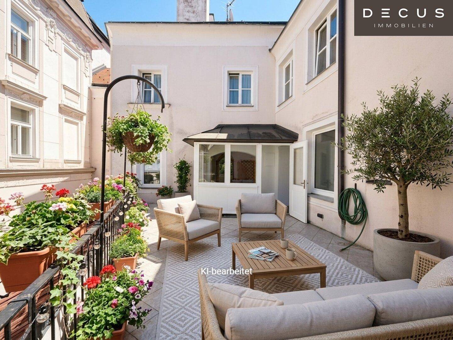 Möblierte Terrasse mit vielen Pflanzen und einem Olivenbaum, ideal zum Entspannen.