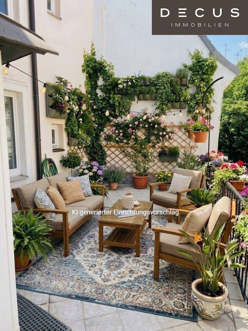 Gemütliche Terrasse mit Sitzmöbeln, üppiger Bepflanzung und dekorativem Teppich.