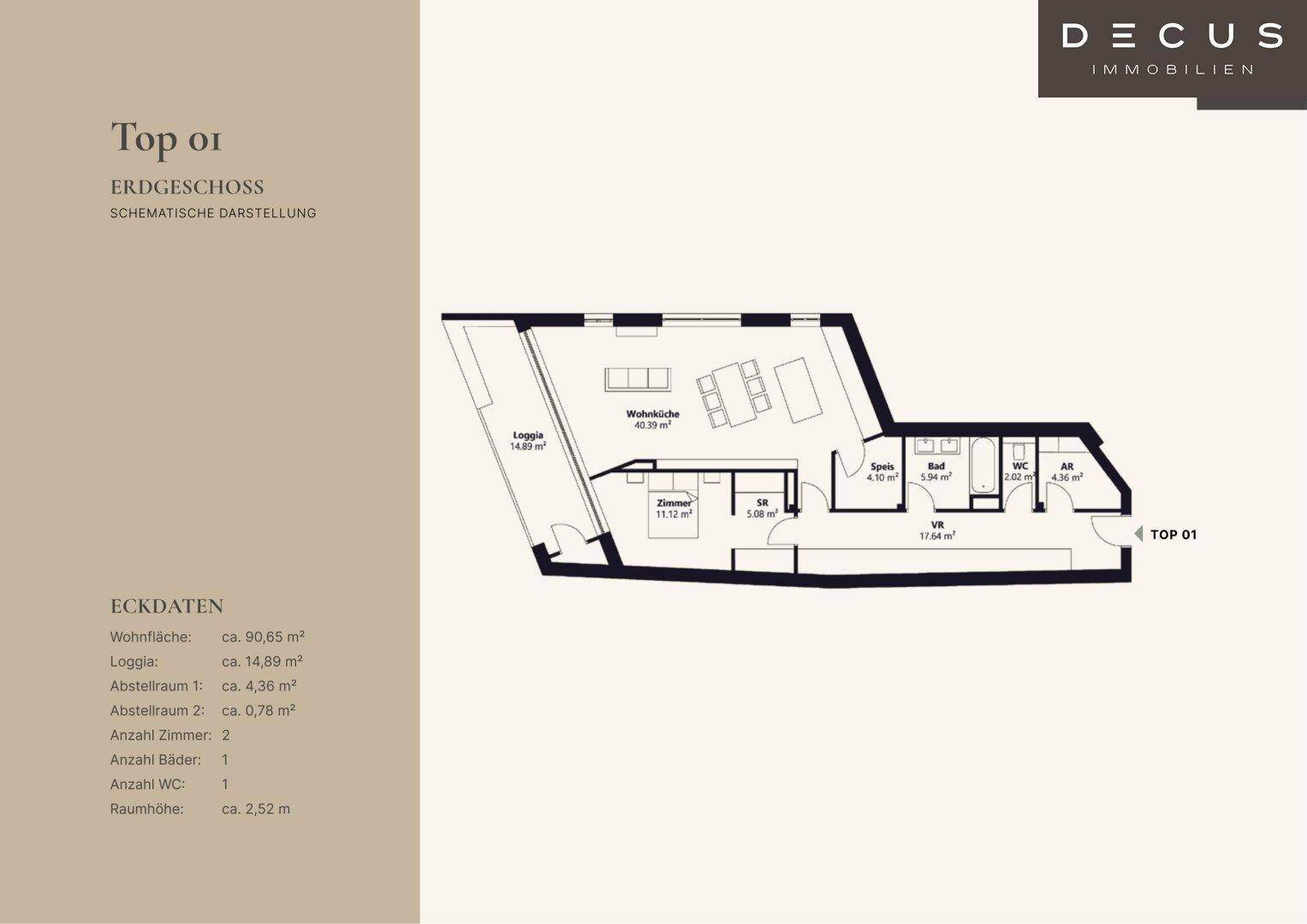 Grundriss des Erdgeschosses mit offener Wohnküche, Loggia und separatem Bad und WC.