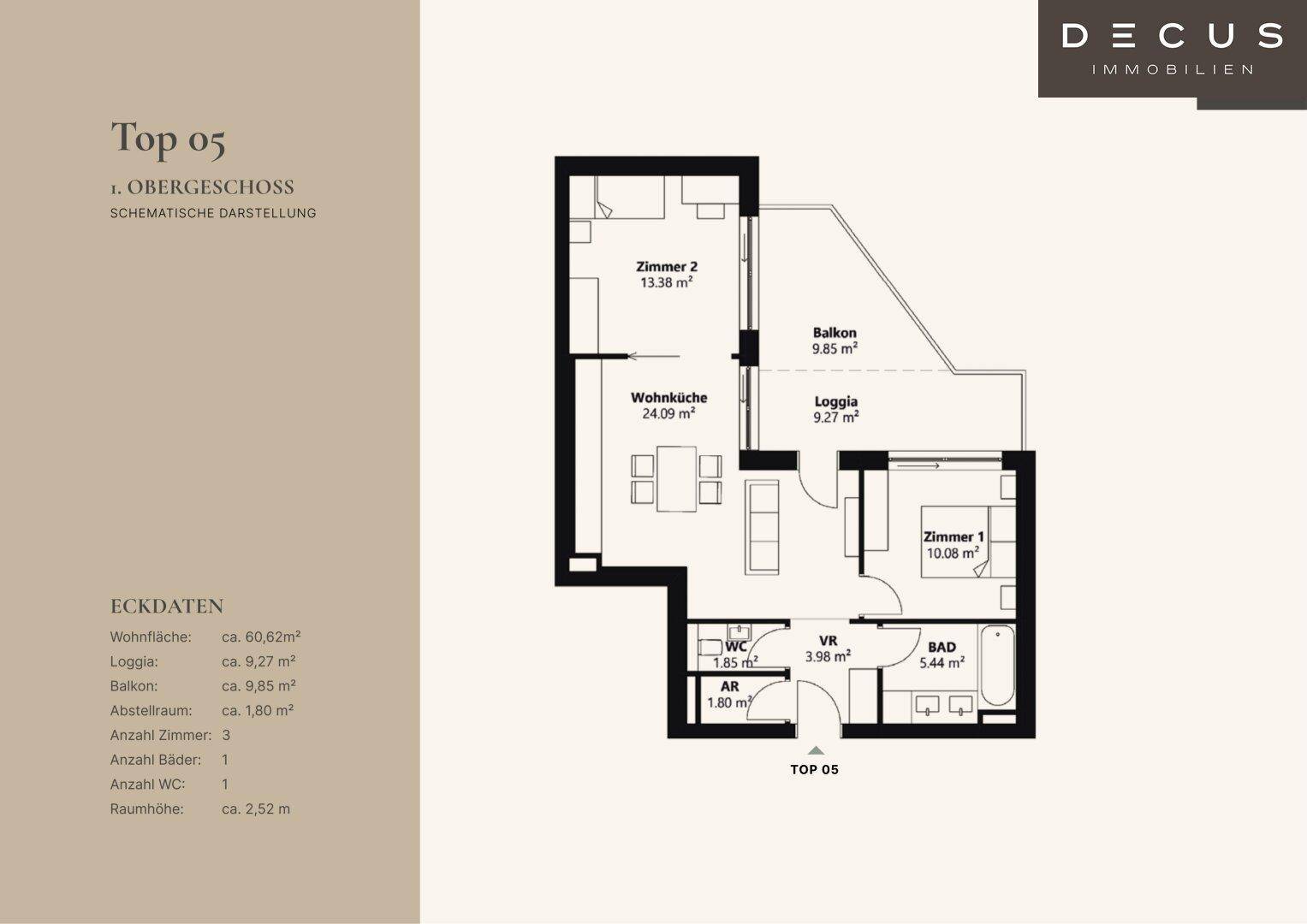 Grundriss einer Wohnung mit offenem Wohnbereich, Balkon und Loggia.