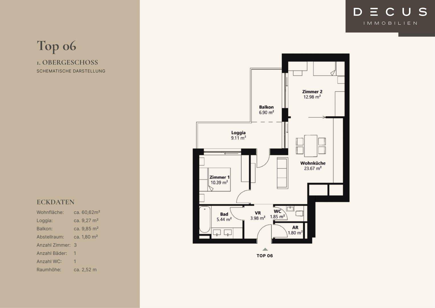 Grundriss der Wohnung Top 06 mit zwei Zimmern, Loggia und Balkon im Obergeschoss.