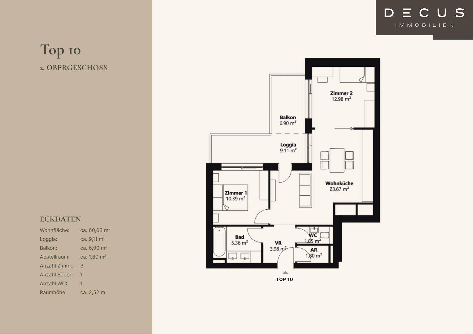 Grundriss der Wohnung Top 10 im Obergeschoss mit Balkon und Loggia.