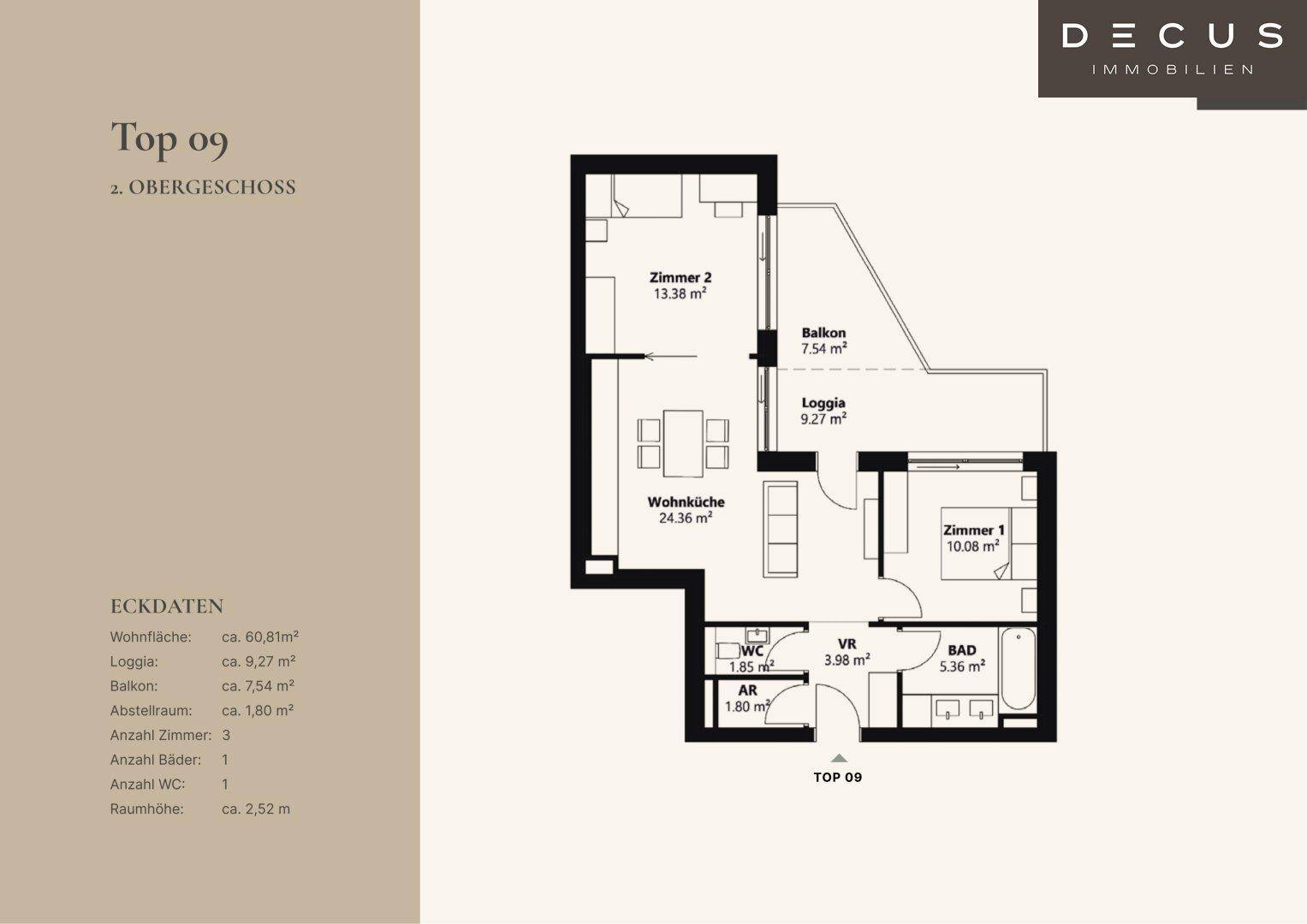 Grundriss der Wohnung Top 09 im Obergeschoss mit Wohnküche, Balkon und Loggia.