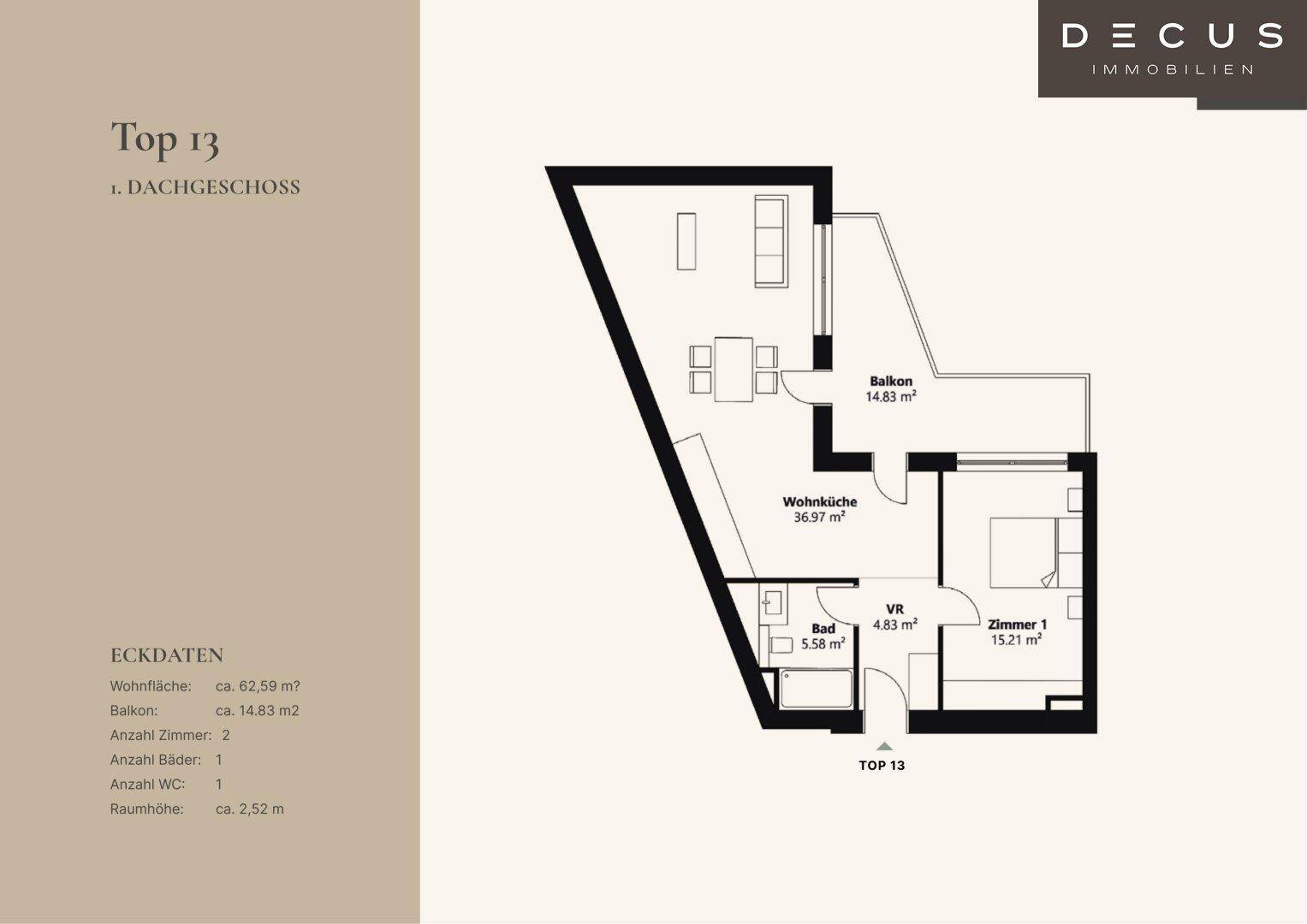 Grundriss der Wohnung Top 13 mit offenem Wohn-/Kochbereich, Schlafzimmer und Balkon.