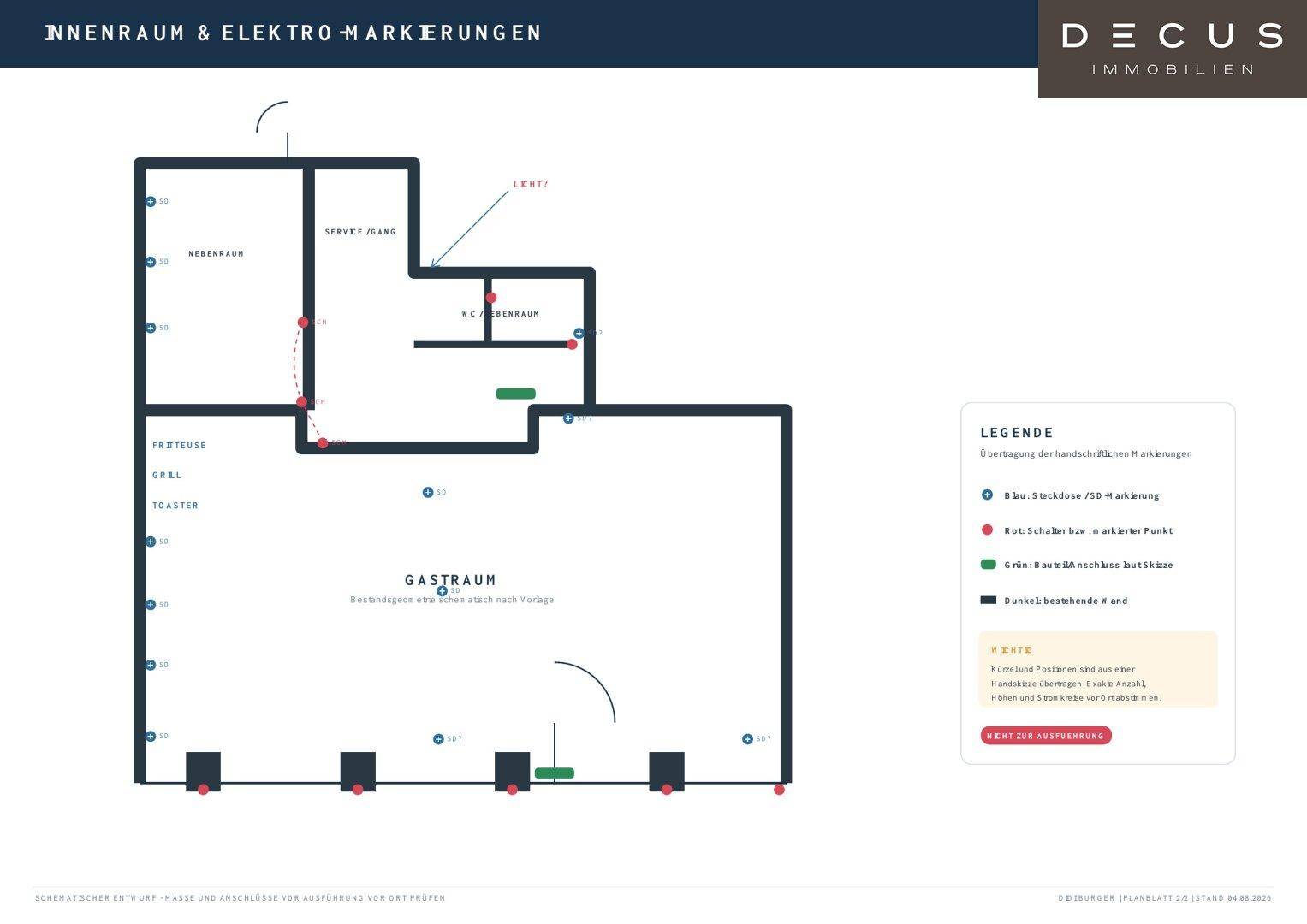 Grundriss des Innenraums mit Elektro-Markierungen und verschiedenen Funktionsbereichen für einen Gastronomiebetrieb.