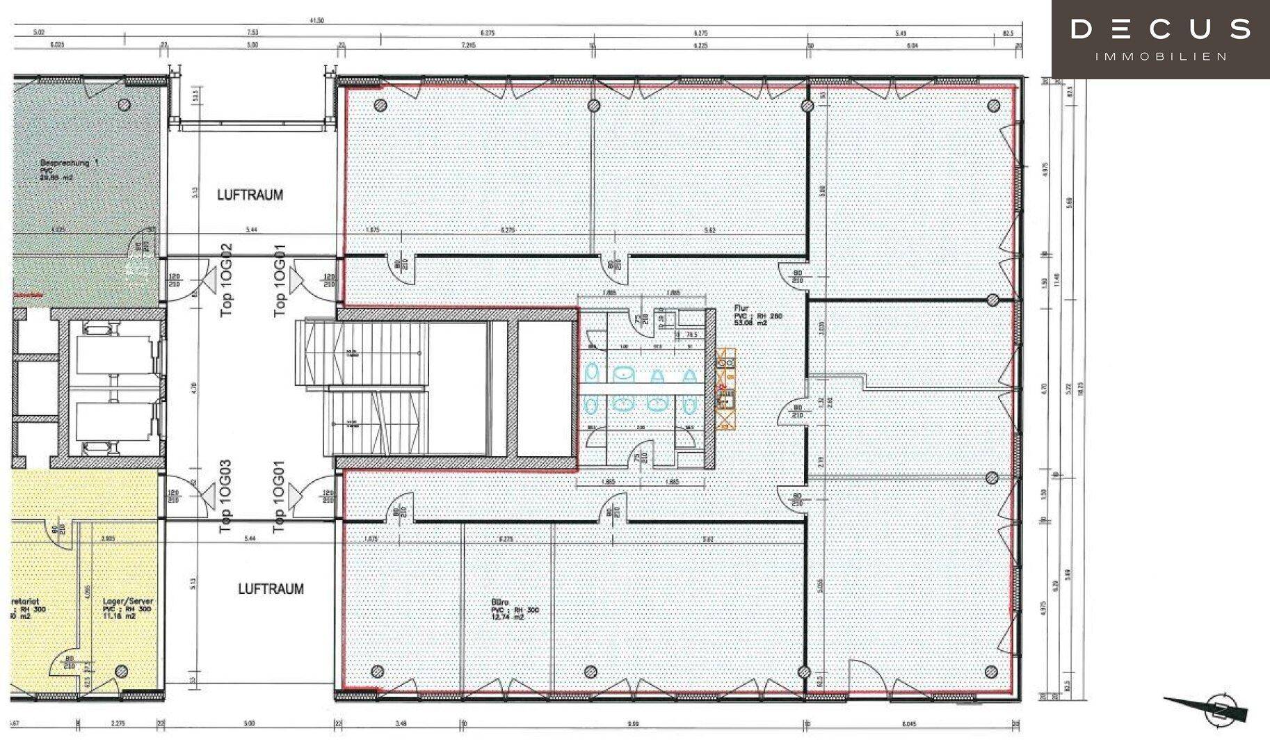 Detaillierter Grundriss einer Büroetage mit mehreren Räumen, Sanitäranlagen und Treppenhaus.