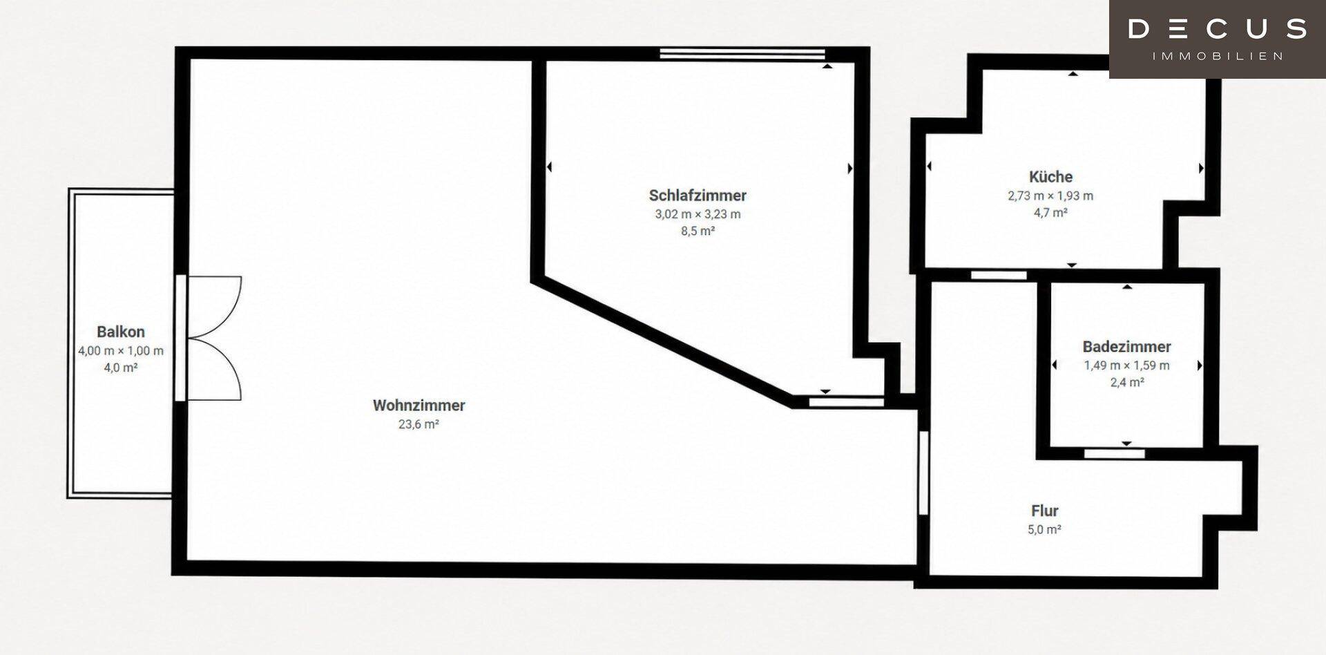 Grundriss der Wohnung mit Wohnzimmer, Schlafzimmer, Küche, Bad und Balkon.