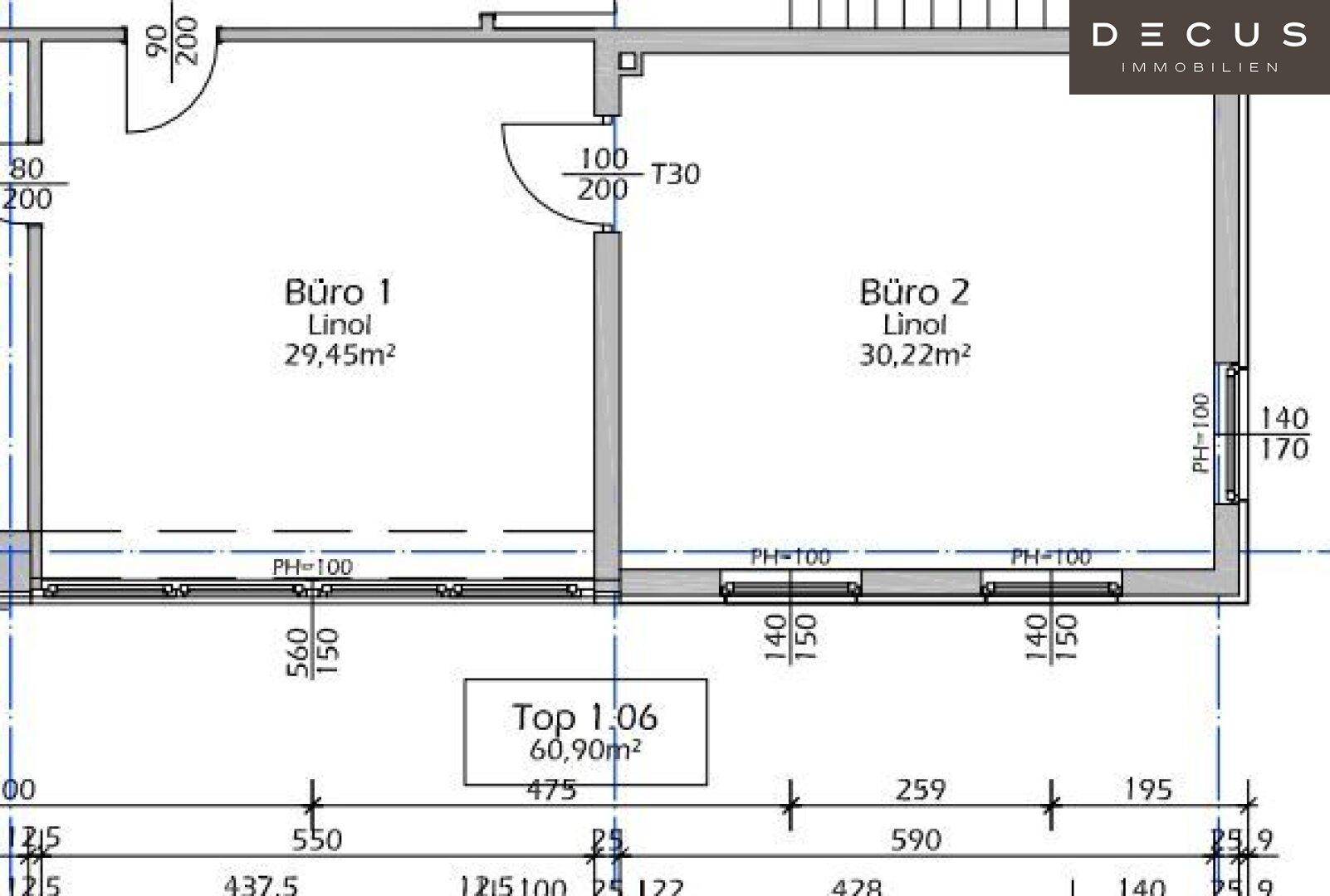 Grundrissplan mit zwei separaten Büroräumen, jeweils mit Linoleum-Boden und großen Fenstern.