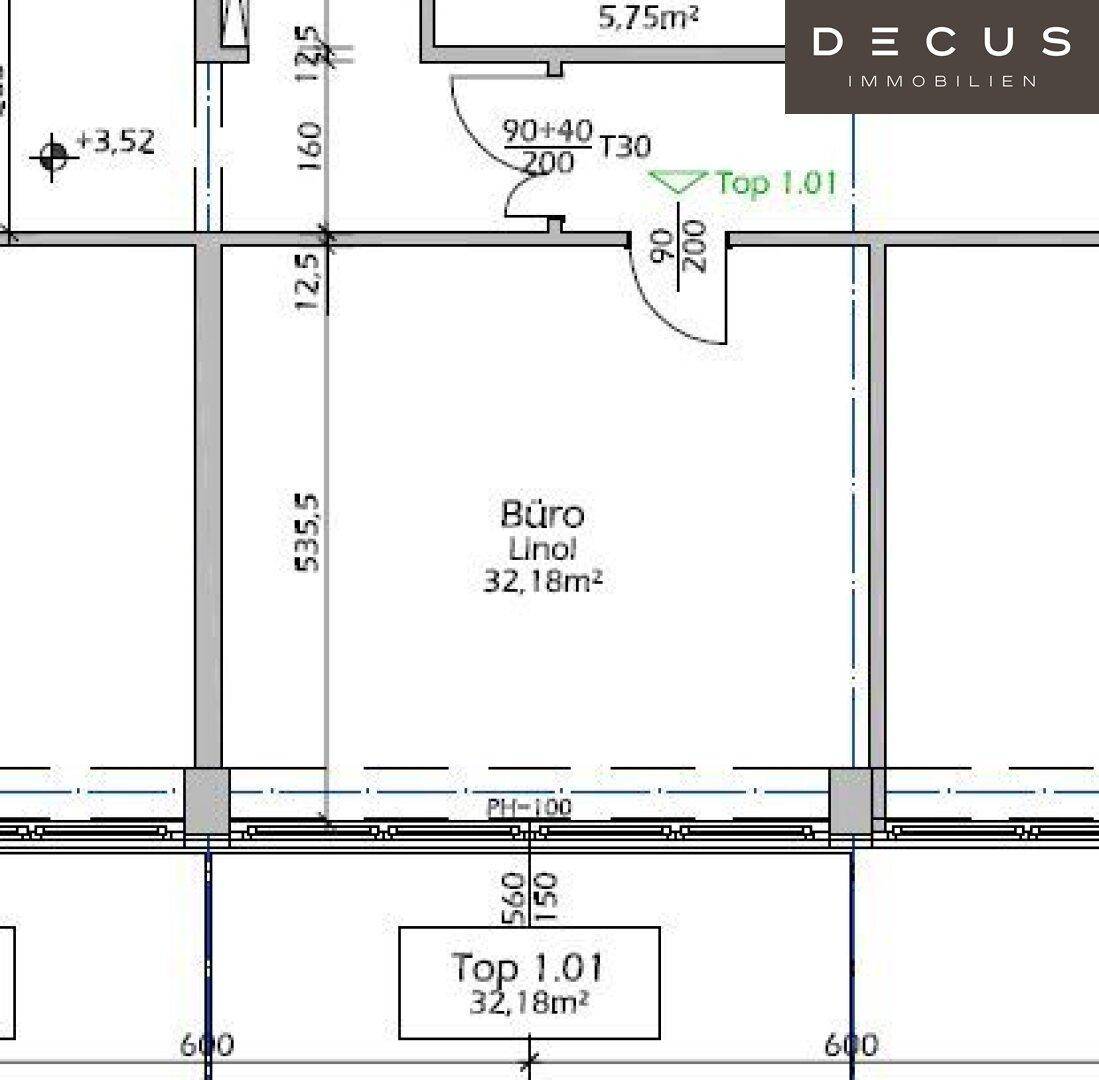 Detaillierter Grundriss einer Büroeinheit mit 32,18 m² Fläche und Linoleum-Boden.
