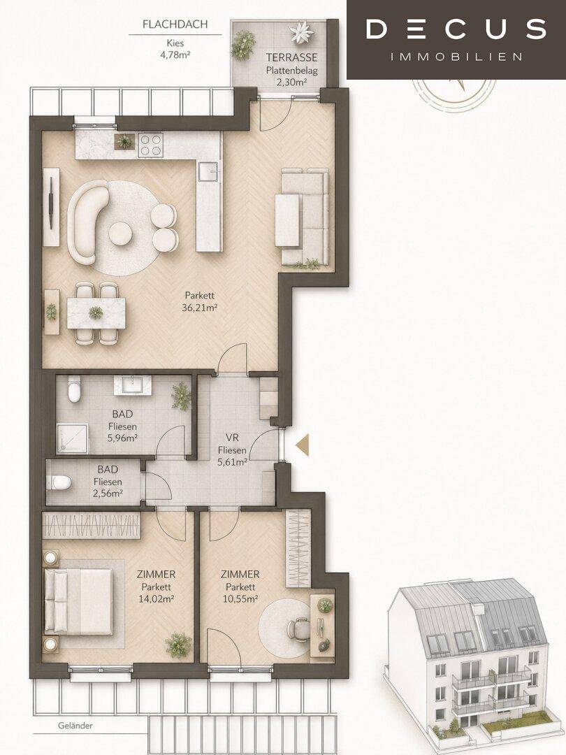 Detaillierter Grundriss einer modernen Wohnung mit zwei Schlafzimmern, offener Küche und Terrasse.