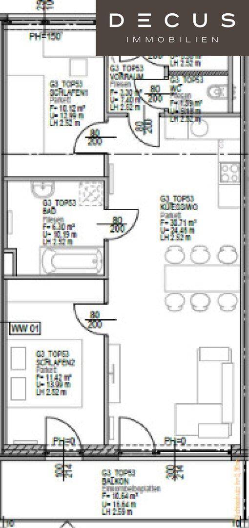 Grundriss einer Wohnung mit offenem Wohnbereich, mehreren Zimmern und einem Balkon.