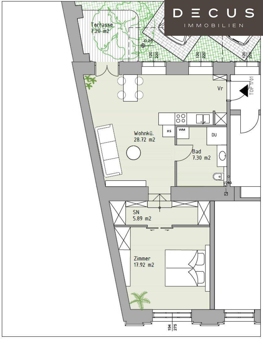 Grundriss einer Wohnung mit offener Wohnküche, Schlafzimmer, Bad und Zugang zu einer Terrasse.