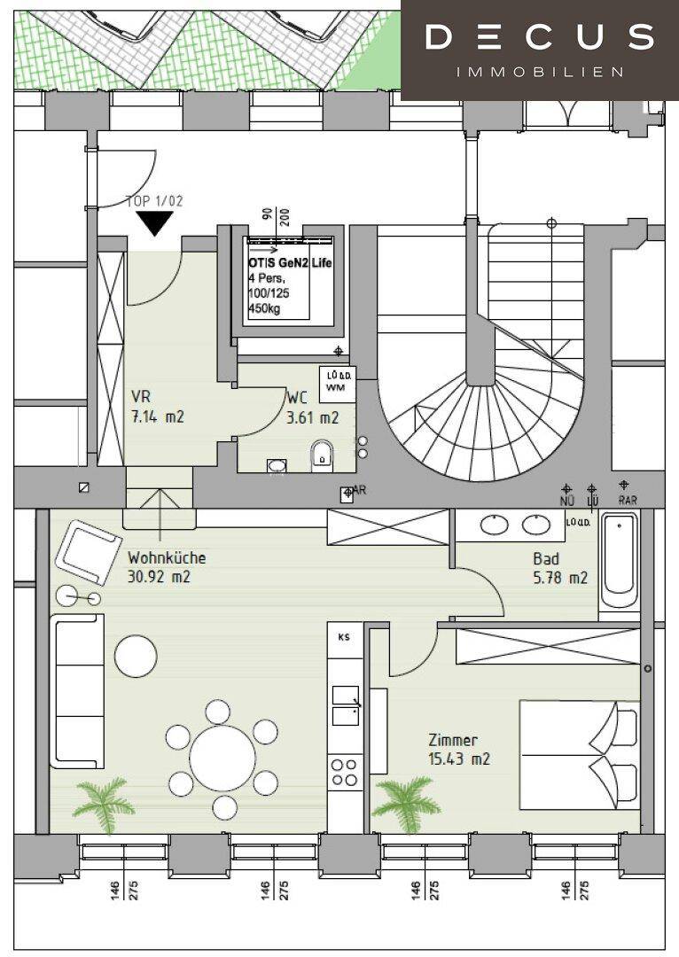 Grundriss einer Wohnung mit offener Wohnküche, Schlafzimmer, Bad und separatem WC.
