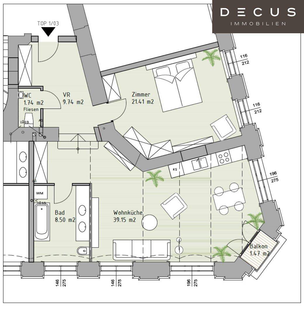 Detaillierter Grundriss einer modernen Wohnung mit offener Wohnküche und Balkon.