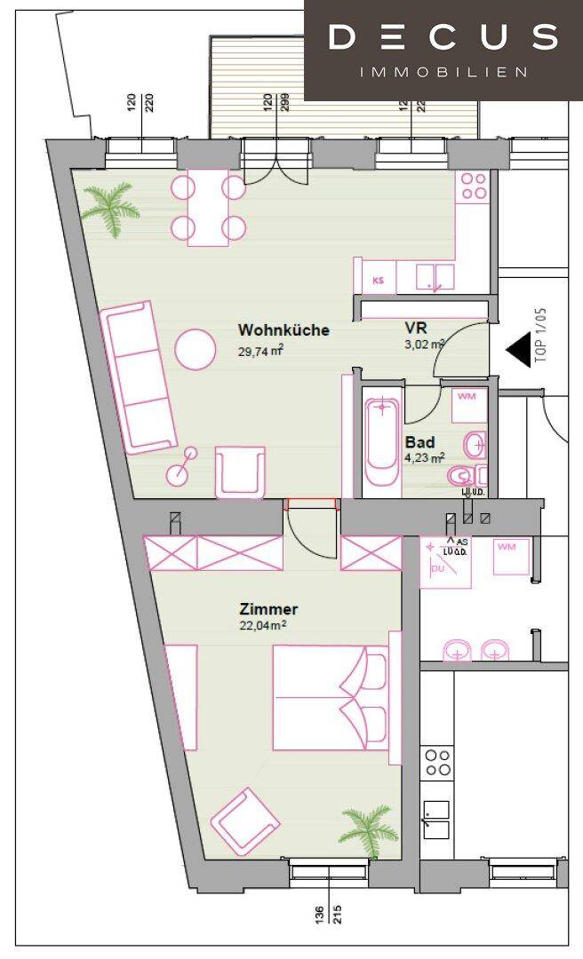 Grundriss einer Wohnung mit offener Wohnküche, Schlafzimmer, Badezimmer und Balkonzugang.