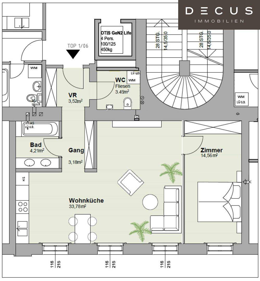 Grundriss der Wohneinheit Top 1/06 mit offener Wohnküche, Schlafzimmer und Bad.