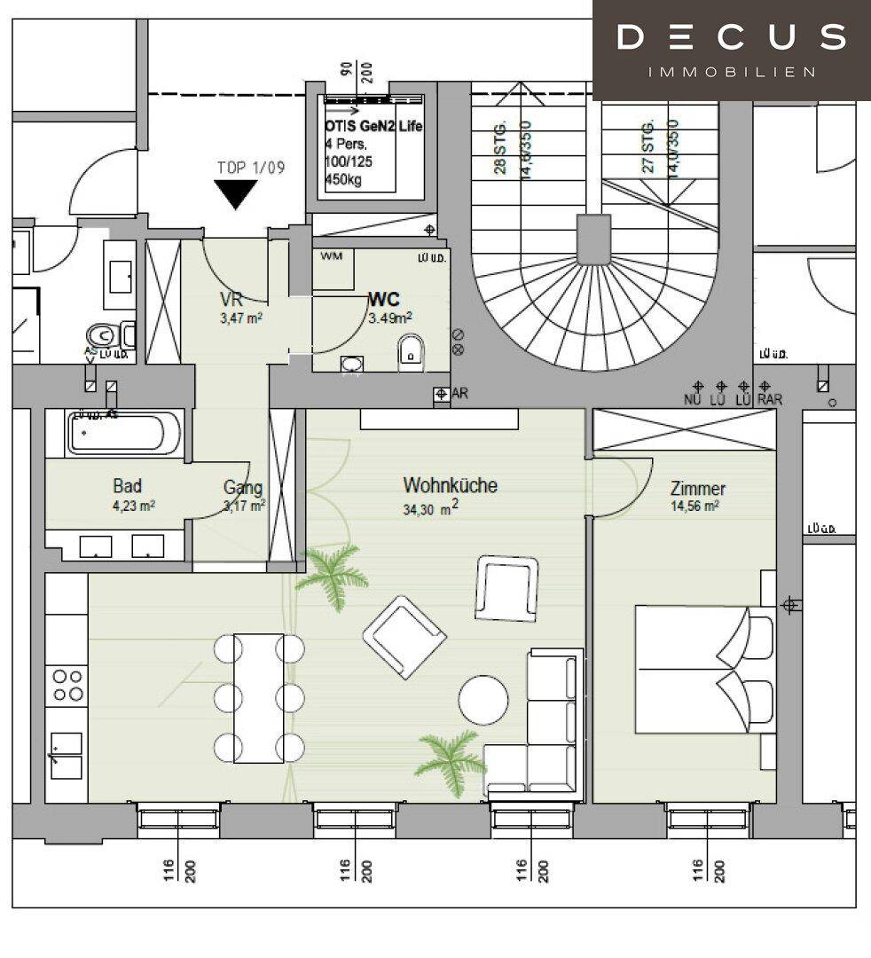 Grundriss einer Wohnung mit offener Wohnküche, Schlafzimmer, Bad und separatem WC sowie einem Balkon.