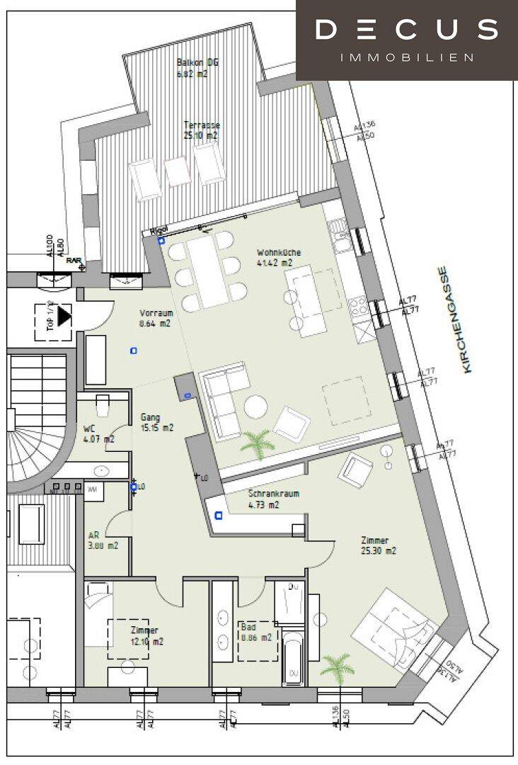 Grundriss einer Wohnung mit offenem Wohnbereich, Terrasse und Balkon.