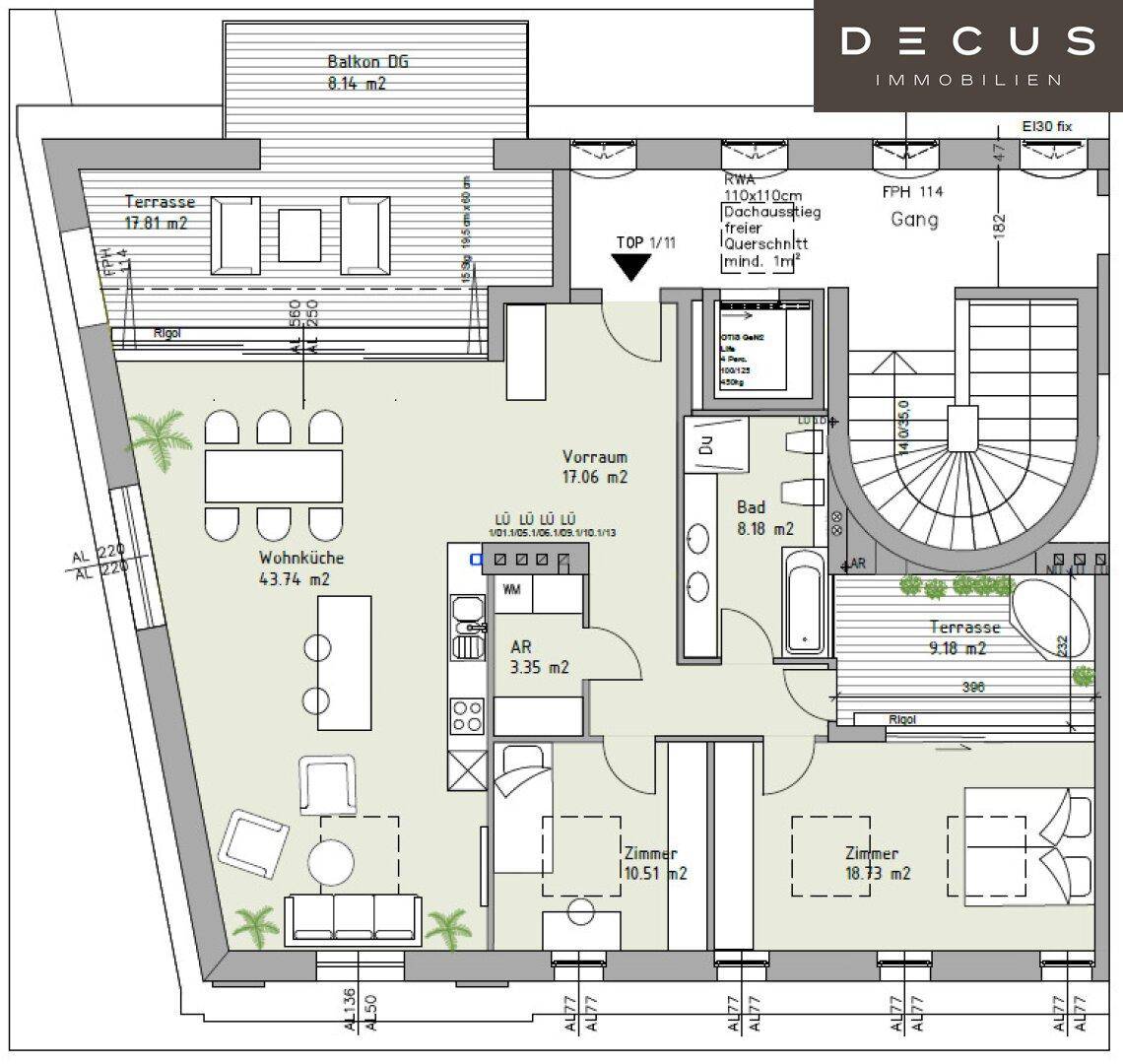 Detaillierter Grundriss einer Wohnung mit offener Wohnküche, Balkon und Terrasse.