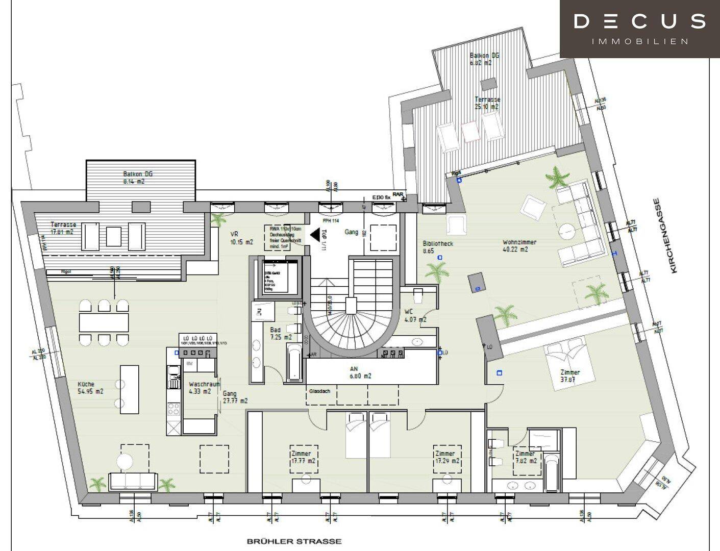 Detaillierter Grundriss einer Wohnung mit mehreren Zimmern, einer Wendeltreppe und großen Terrassen.
