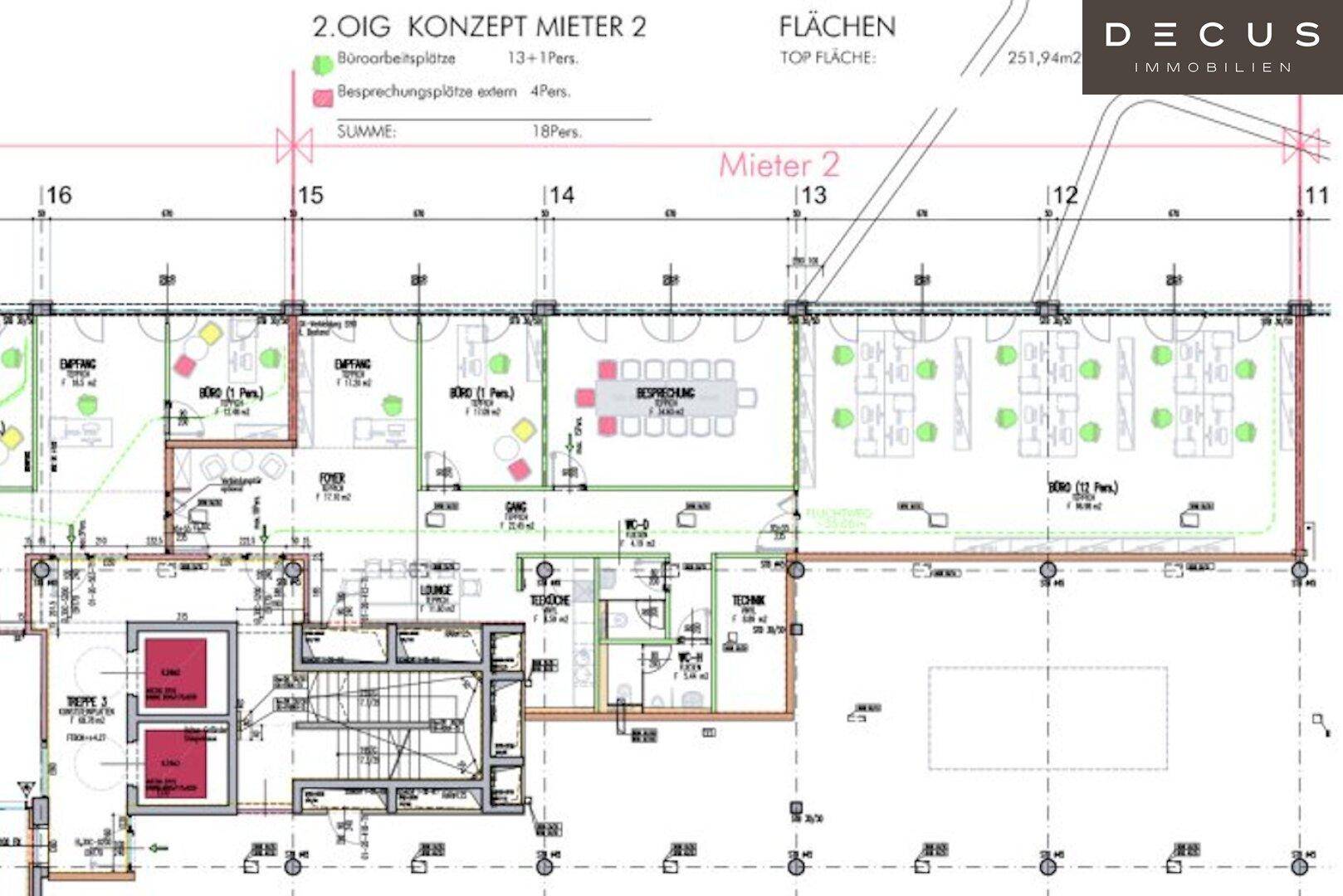 Grundrisskonzept für eine Bürofläche im zweiten Obergeschoss mit Empfang, Besprechungsräumen und Lounge-Bereich.