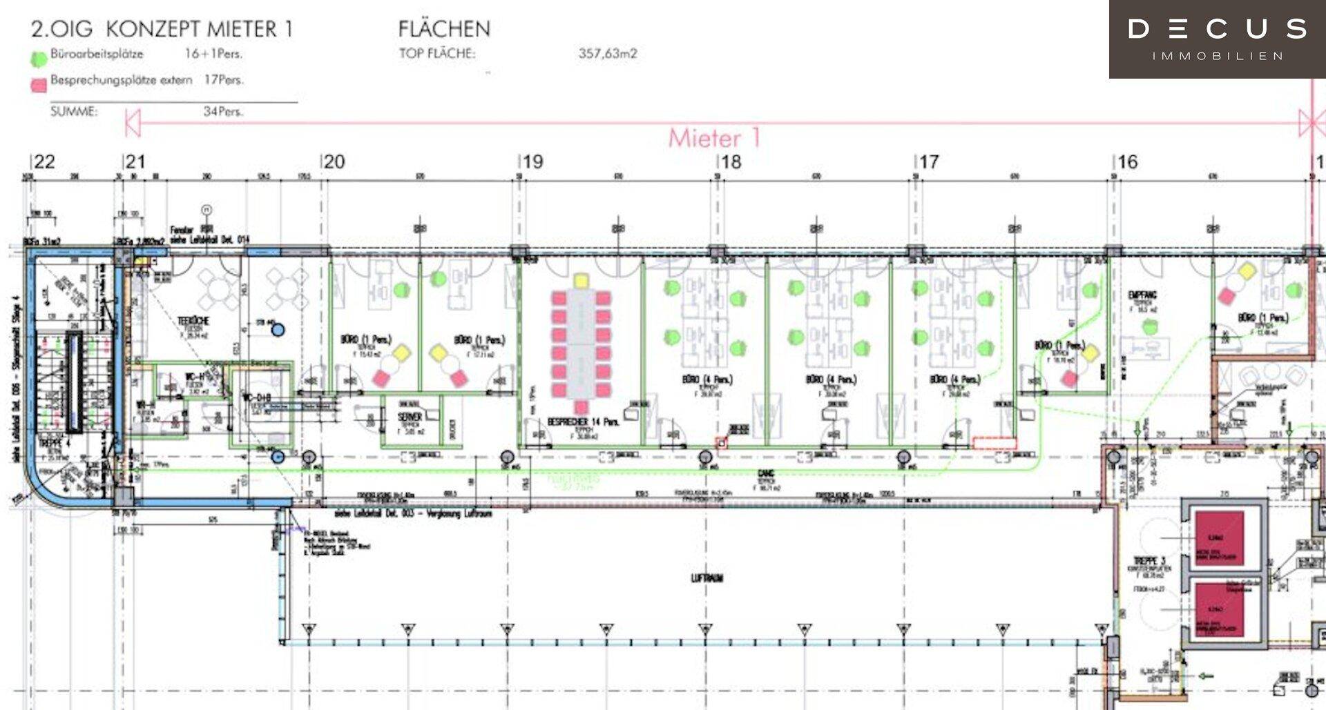 Detaillierter Grundriss des 2. Obergeschosses mit flexiblen Büroflächen und integrierten Aufzügen.