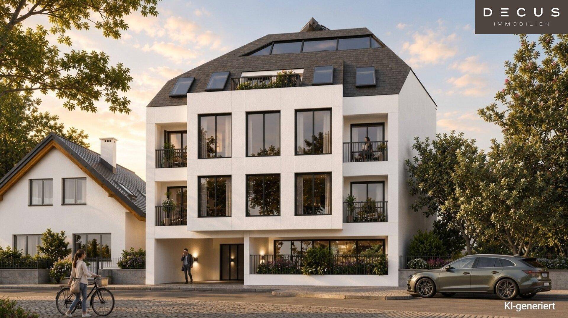 Modernes Mehrfamilienhaus mit weißer Fassade, großen Fenstern und Balkonen in städtischer Umgebung.