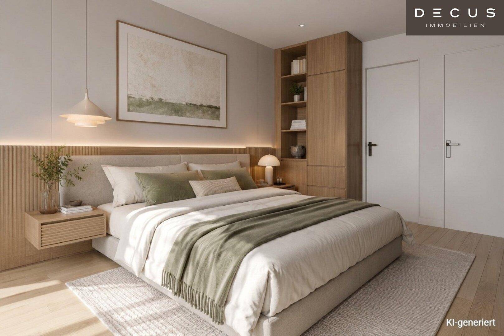 Helles Schlafzimmer mit großem Bett, Holzakzenten, Einbauschränken und modernem Interieur.
