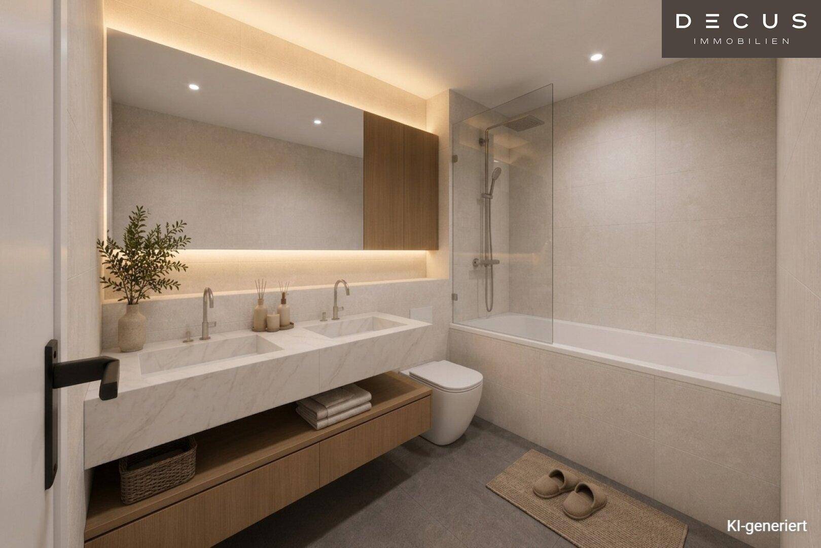 Elegantes Badezimmer mit Doppelwaschbecken, Badewanne und integrierter Dusche in modernem Design.