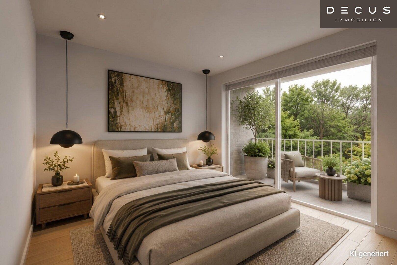 Helles Schlafzimmer mit Zugang zu einem möblierten Balkon und Blick ins Grüne.