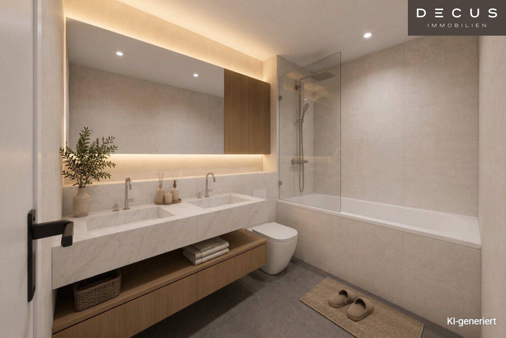 Modernes Badezimmer mit Doppelwaschbecken, Badewanne und integrierter Dusche in hellen Farbtönen.