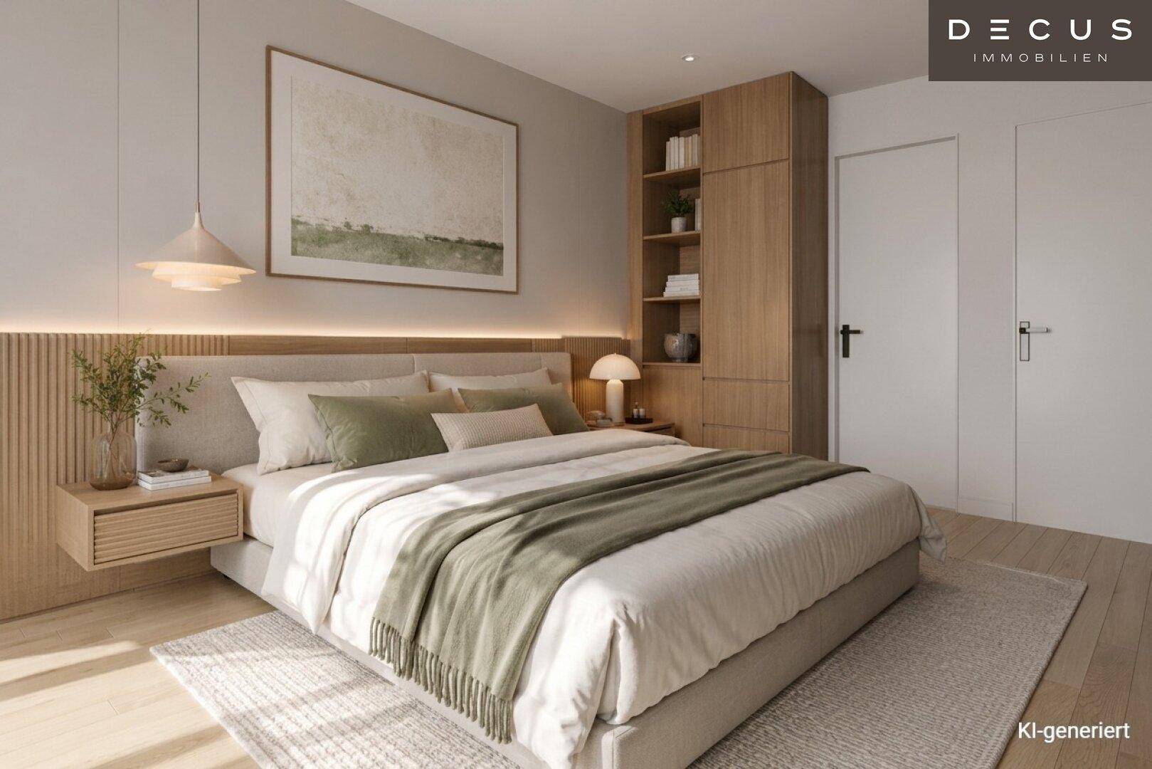 Modernes Schlafzimmer mit Holzelementen, integrierten Schränken und indirekter Beleuchtung für eine gemütliche Atmosphäre.
