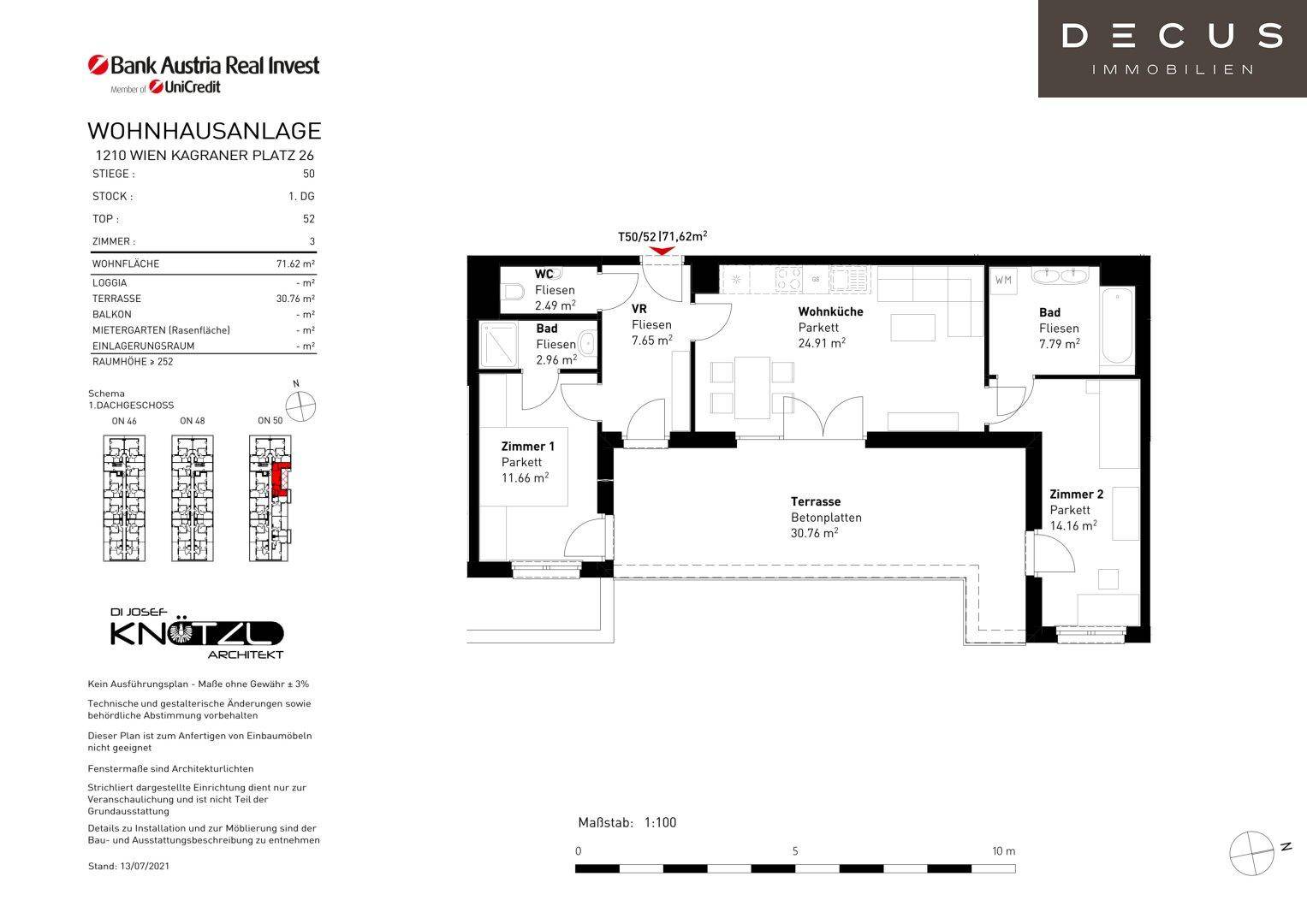 Detaillierter Grundriss einer Wohnung mit zwei Schlafzimmern, Wohnküche und großer Terrasse.