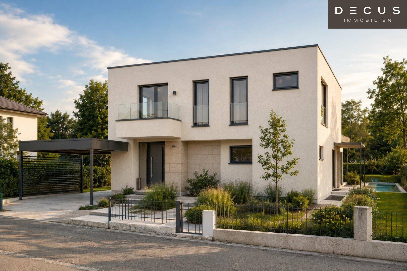 Elegante moderne Hausfassade mit Carport und gepflegtem Vorgarten in ruhiger Wohnlage.