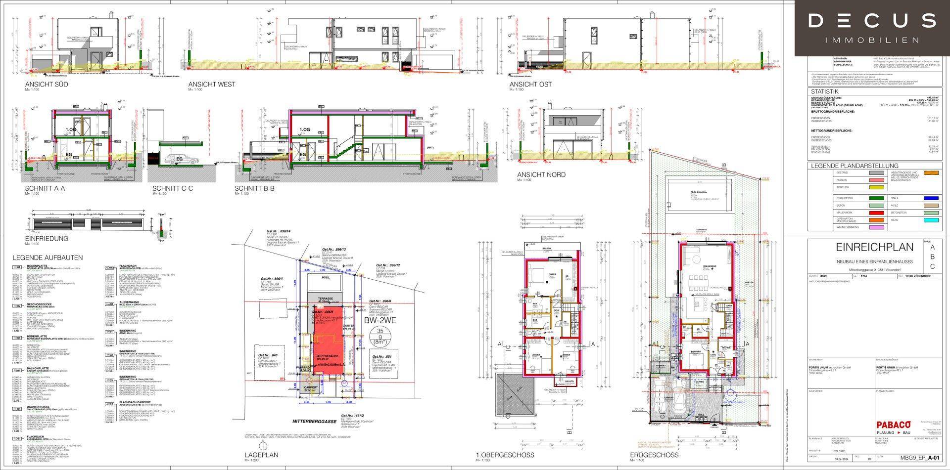 Detaillierter Einreichplan mit Grundrissen, Ansichten und Lageplan des modernen Wohnhauses.