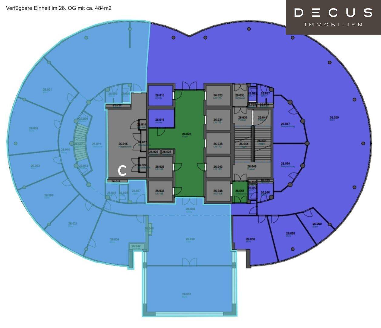 Grundriss einer Büroetage im 26. Obergeschoss mit ca. 484m² und flexibler Raumaufteilung.