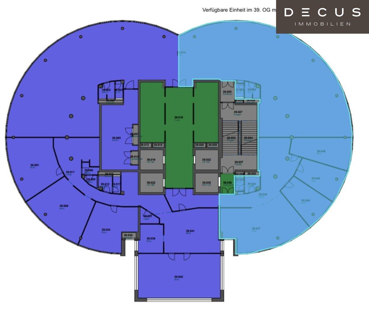 Grundriss einer Büroetage im 39. Obergeschoss mit kreisförmigem Design und mehreren Zugängen.