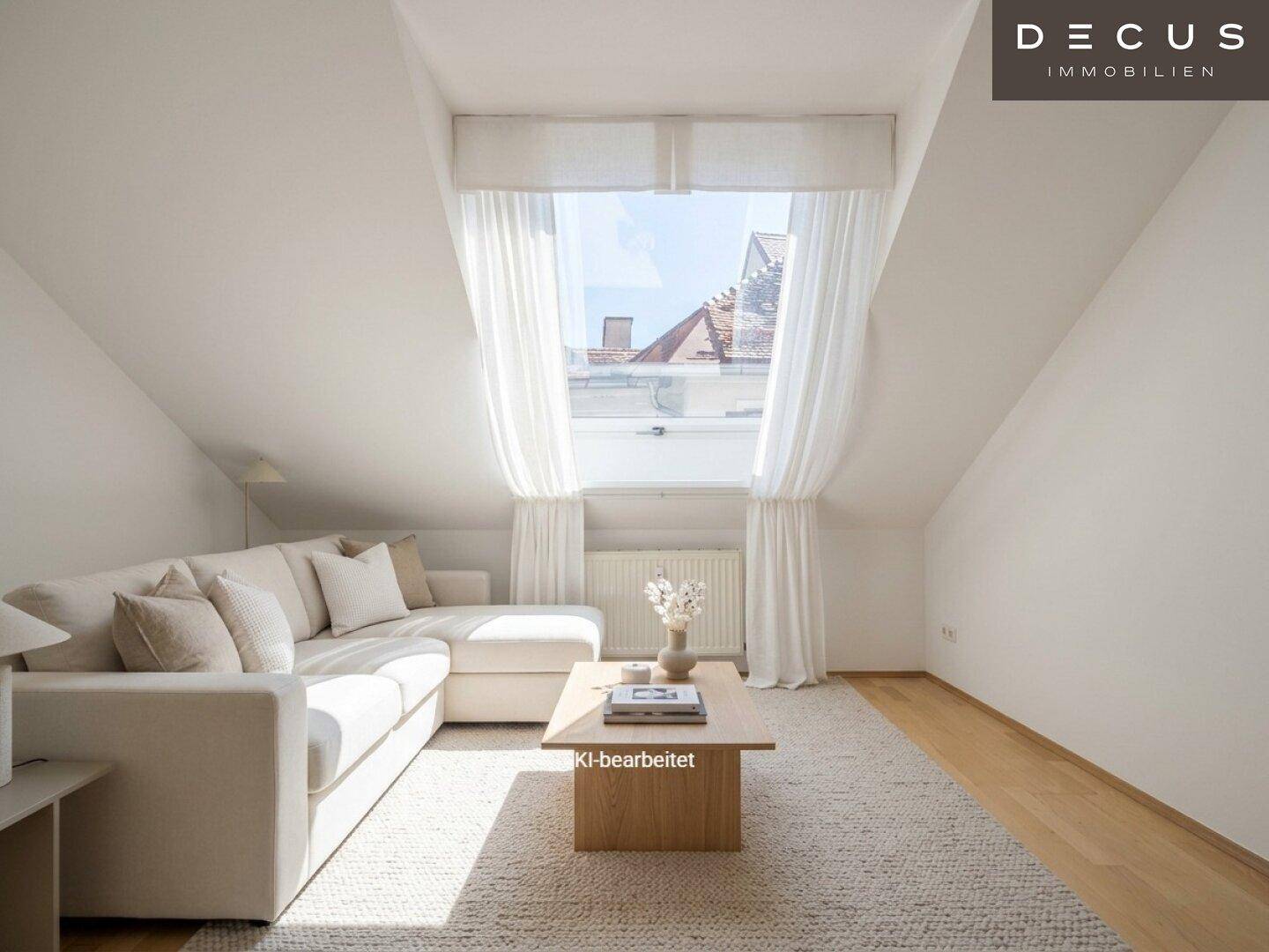 Helles Wohnzimmer im Dachgeschoss mit Holzboden, Sofa und Dachfenster, modern eingerichtet.