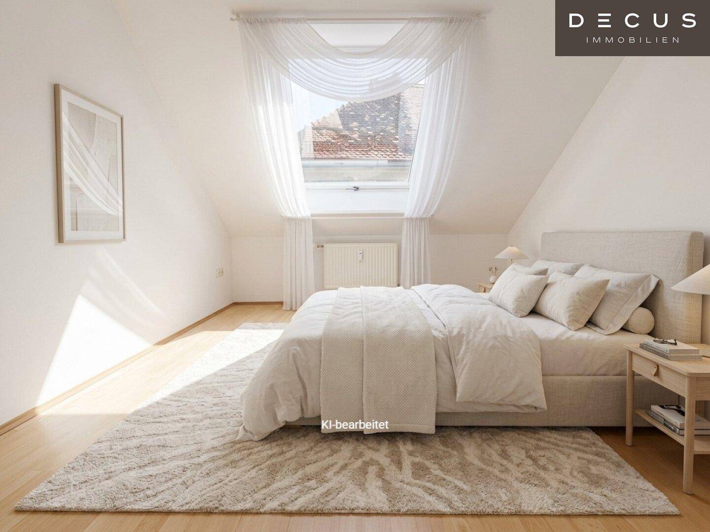 Gemütliches Schlafzimmer im Dachgeschoss mit Holzboden, Teppich und großem Dachfenster, hell und einladend.