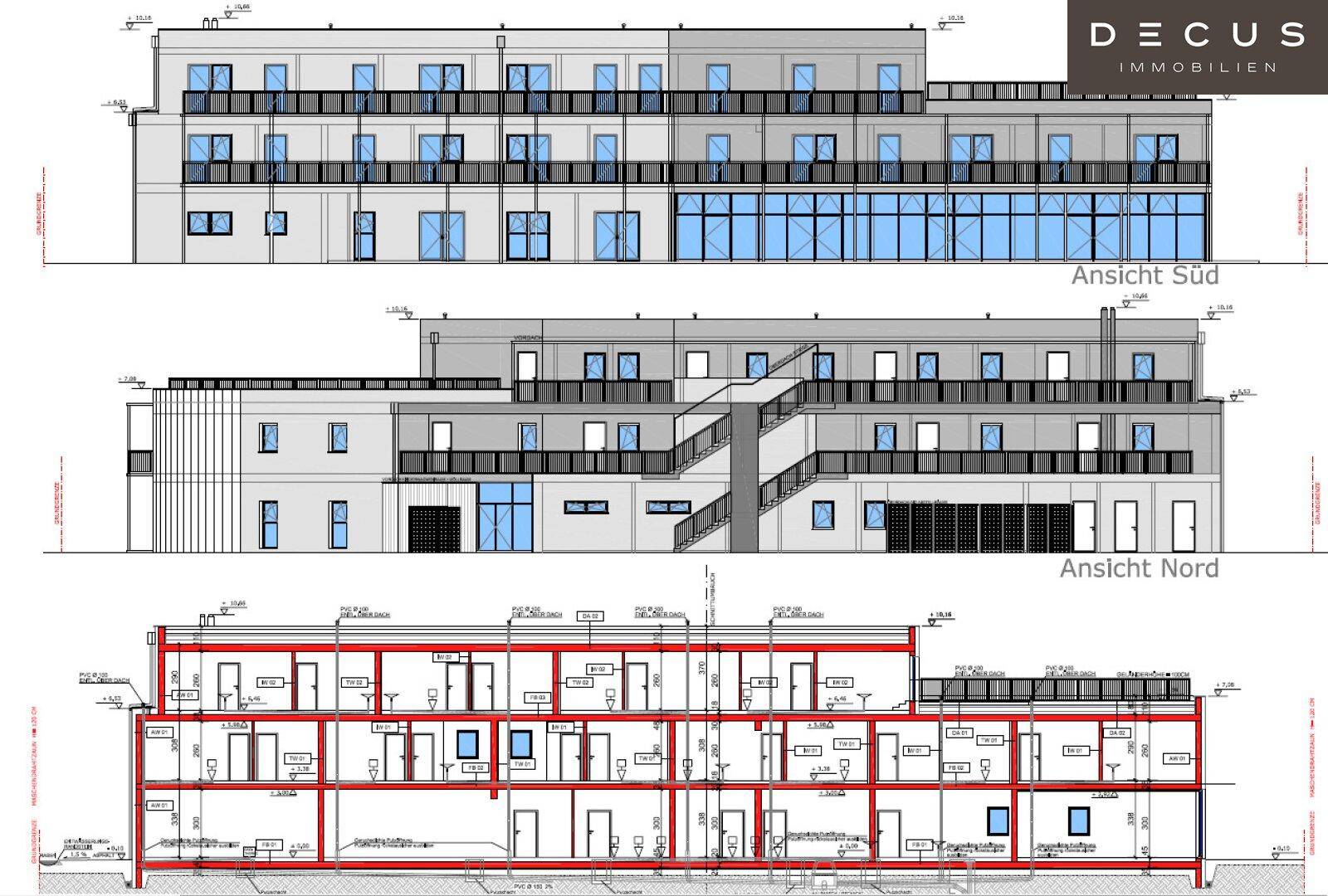 Detaillierte Ansichten der Süd- und Nordfassade sowie ein Gebäudeschnitt mit Etagenaufteilung.