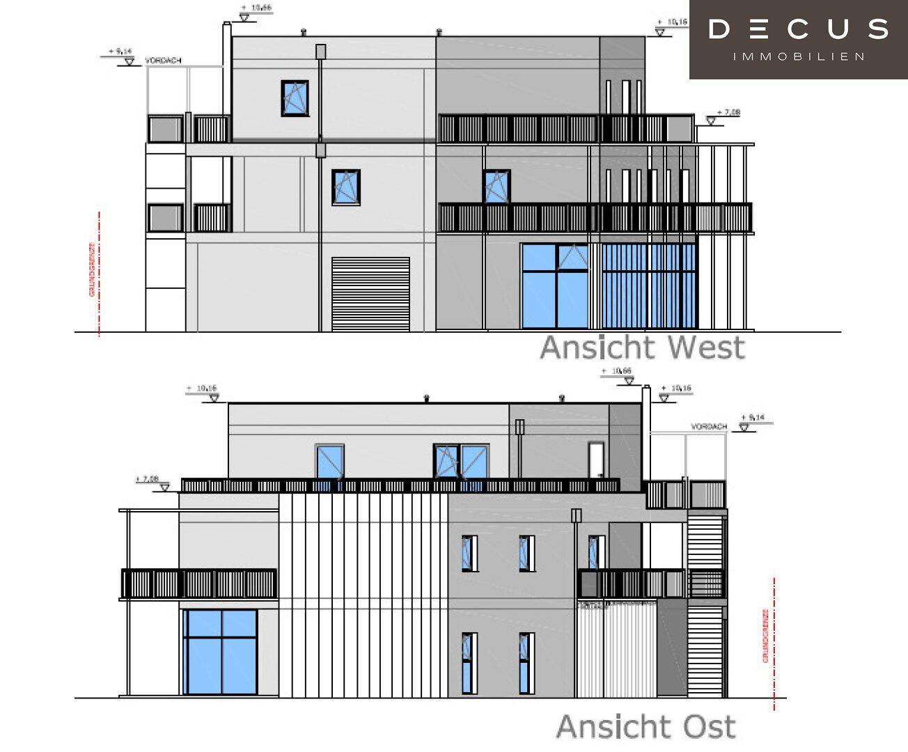 Architektonische Ansichten der West- und Ostfassade des Gebäudes mit Balkonen und Fenstern.
