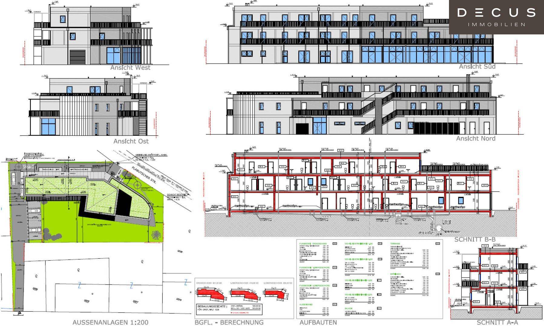 Architektonische Zeichnungen mit Ansichten, Schnitten und einem Lageplan des gesamten Gebäudekomplexes.