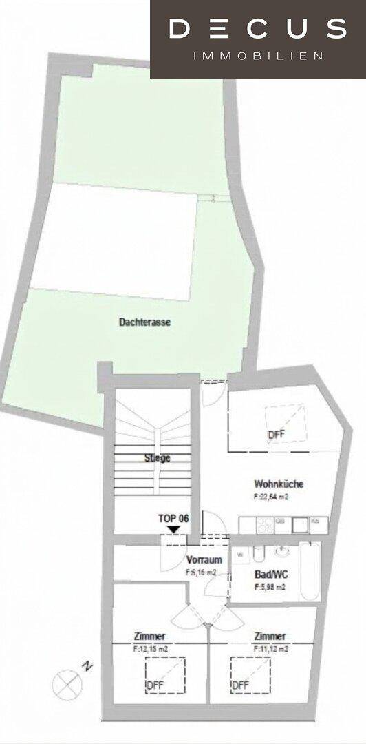 Grundriss der Dachgeschosswohnung mit Wohnküche, Bad und Dachterrasse, inklusive Zimmeraufteilung.