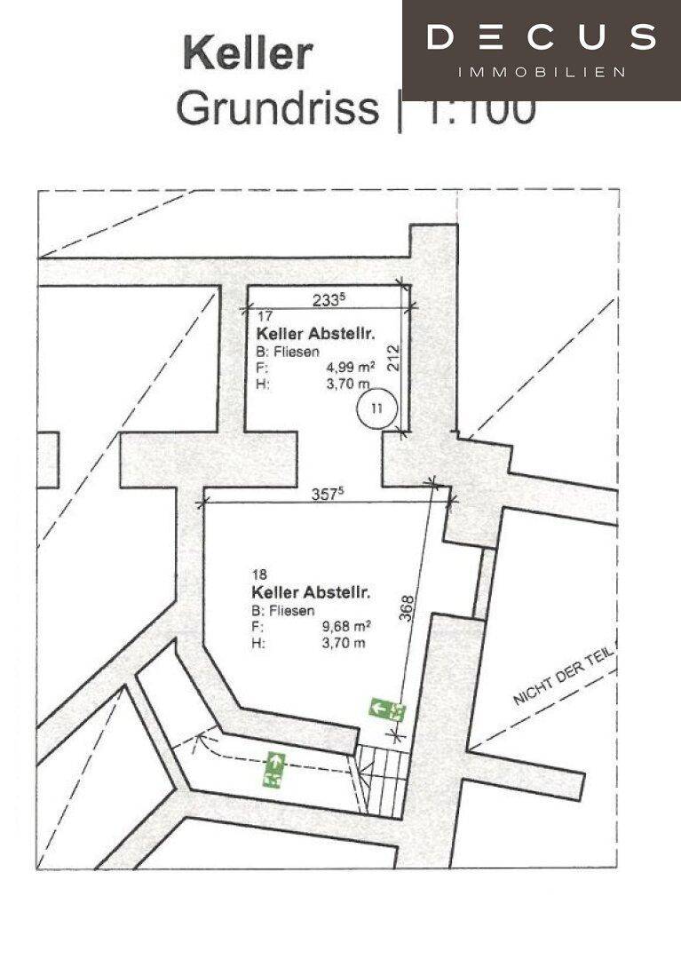 Grundriss des Kellers mit zwei Abstellräumen und Zugang über eine Treppe.