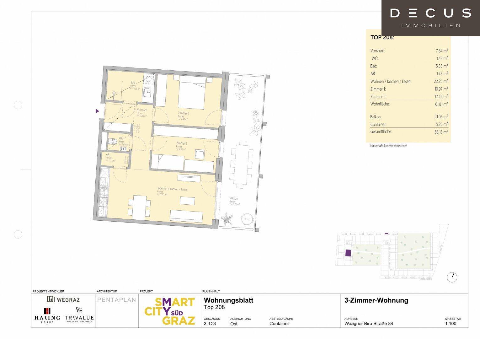 Grundriss einer 3-Zimmer-Wohnung mit Balkon und offenem Wohn-Essbereich.
