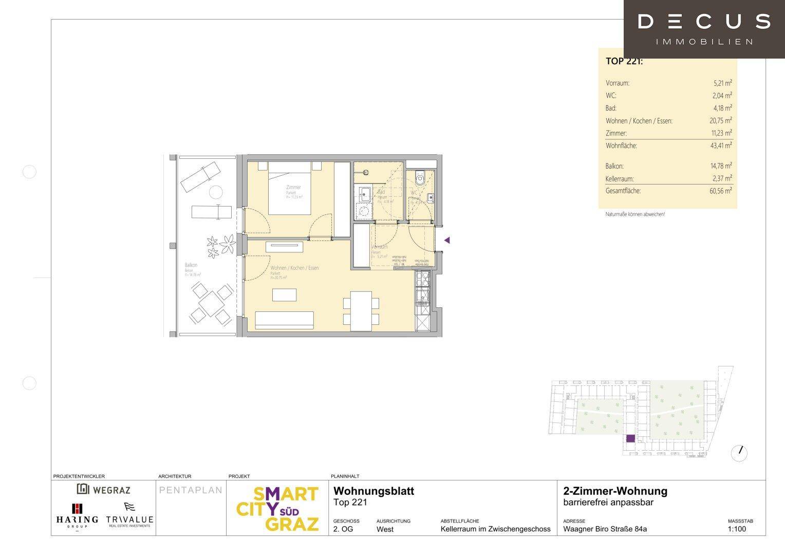 Grundriss der 2-Zimmer-Wohnung Top 221 mit Balkon und barrierefreiem Zugang.