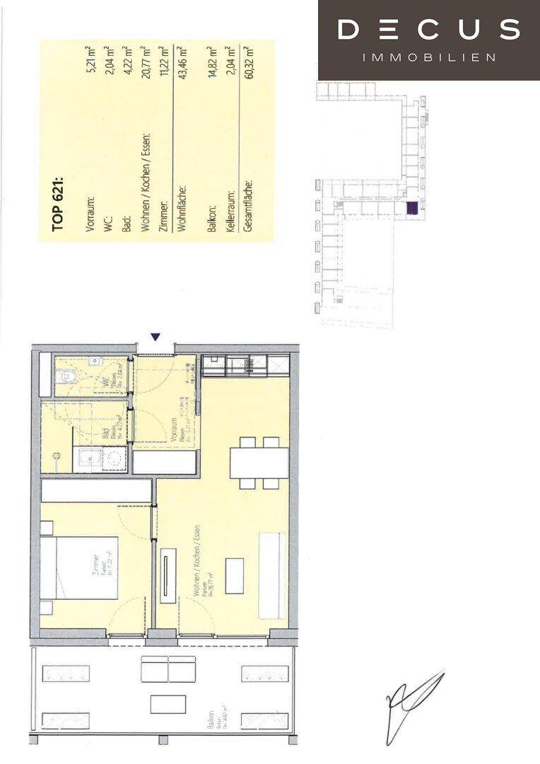 Grundriss der Wohnung mit offenem Wohnbereich, Schlafzimmer, Bad und Balkon.